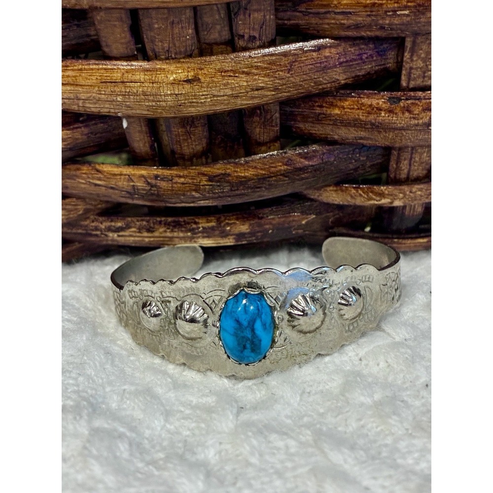 Vintage Southwestern Silver Tone Turquoise Cuff Bracelet Embossed Boho